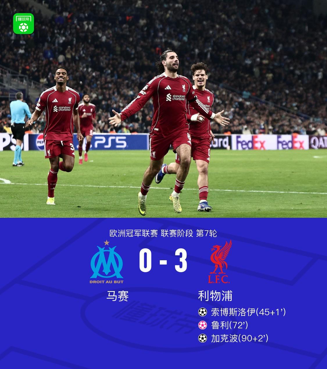 元游棋牌-XbotGo丨利物浦3-0马赛，索博任意球贴地斩，加克波破门